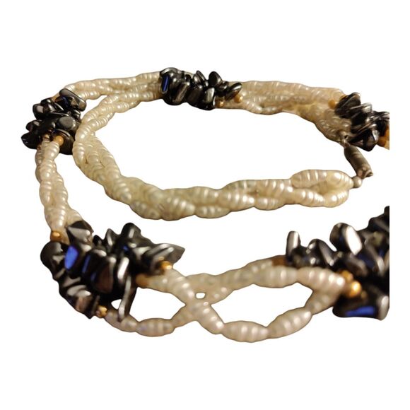 Faux Rice Pearls/Hematite Necklace Clusters Multi strand Lariat Style - Picture 5 of 7